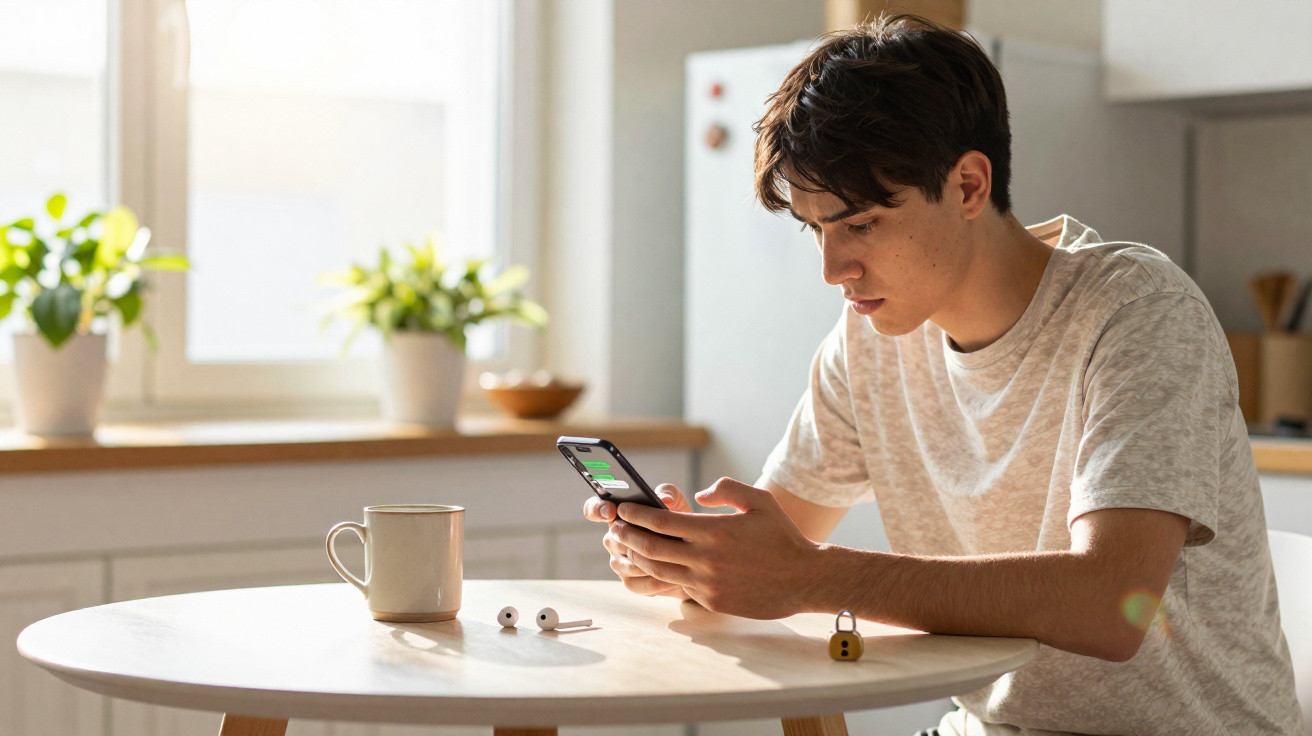 Jovem sentado à mesa em cozinha iluminada, usando smartphone com fones de ouvido e caneca na mesa.