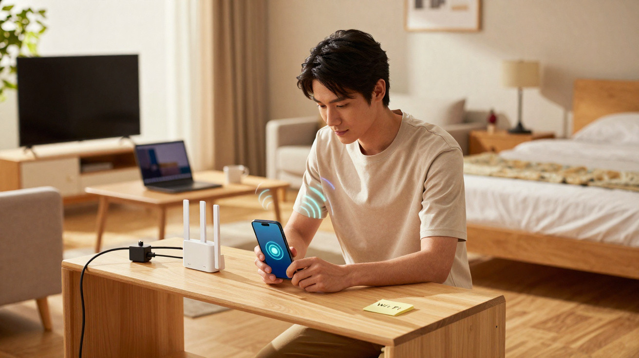 Jovem sentado à mesa usando smartphone conectado a roteador Wi-Fi em ambiente de quarto.