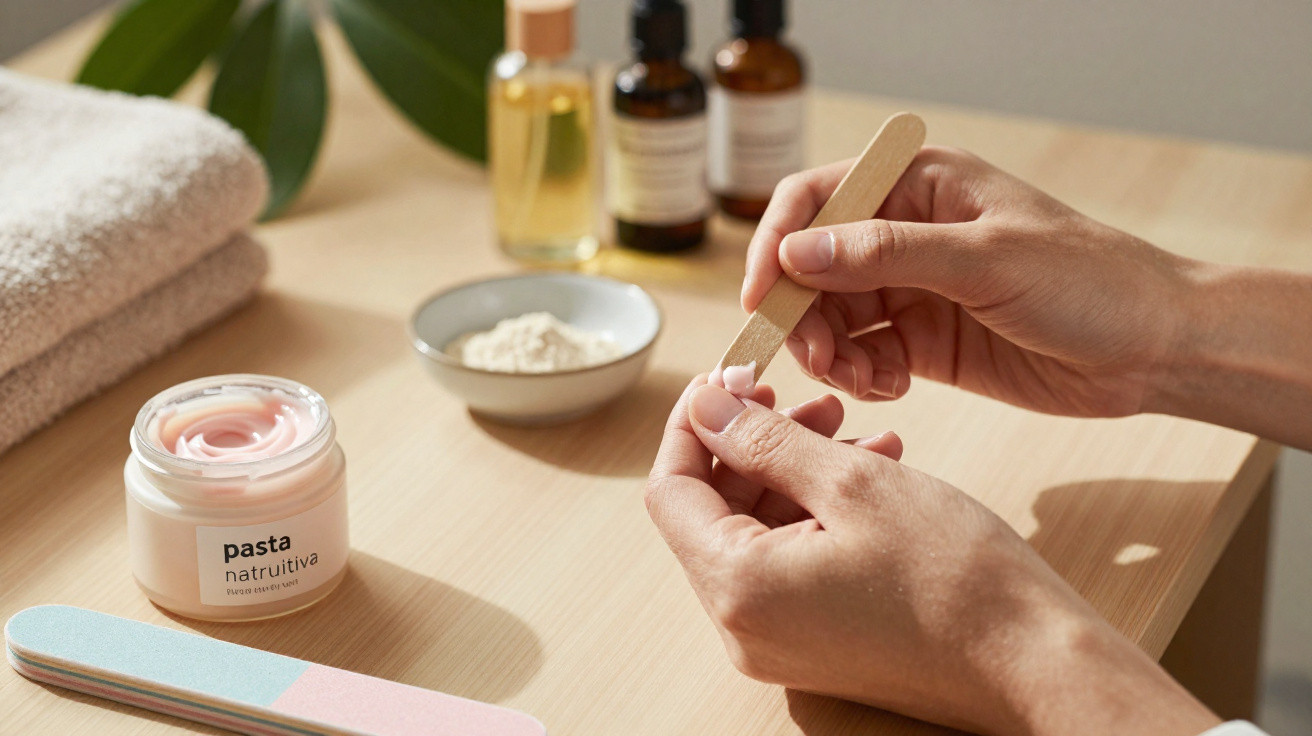 Mãos aplicando creme para unhas com espátula, ao lado de esmalte em pasta e acessórios de manicure.