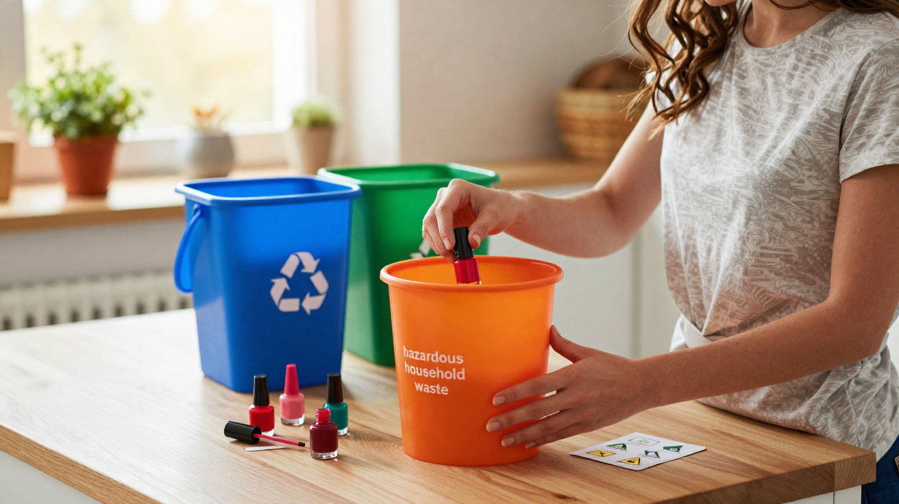 Pessoa descartando esmalte em recipiente laranja para lixo doméstico perigoso, com lixeiras para reciclagem ao fundo.