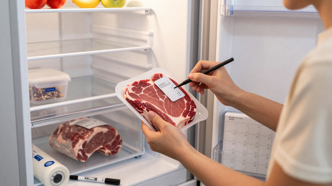 Pessoa escrevendo em etiqueta de embalagem de carne dentro de geladeira aberta.