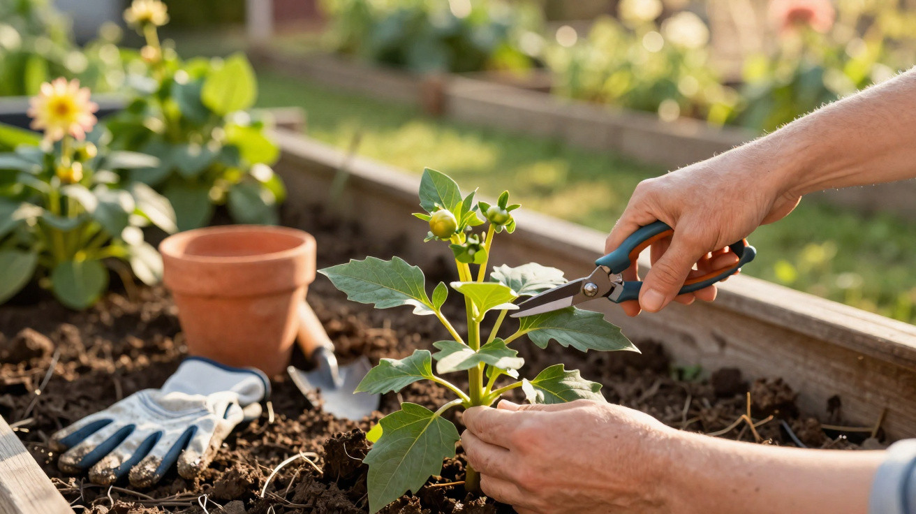 Mãos podando planta com tesoura de jardinagem em canteiro com terra e ferramentas ao fundo.