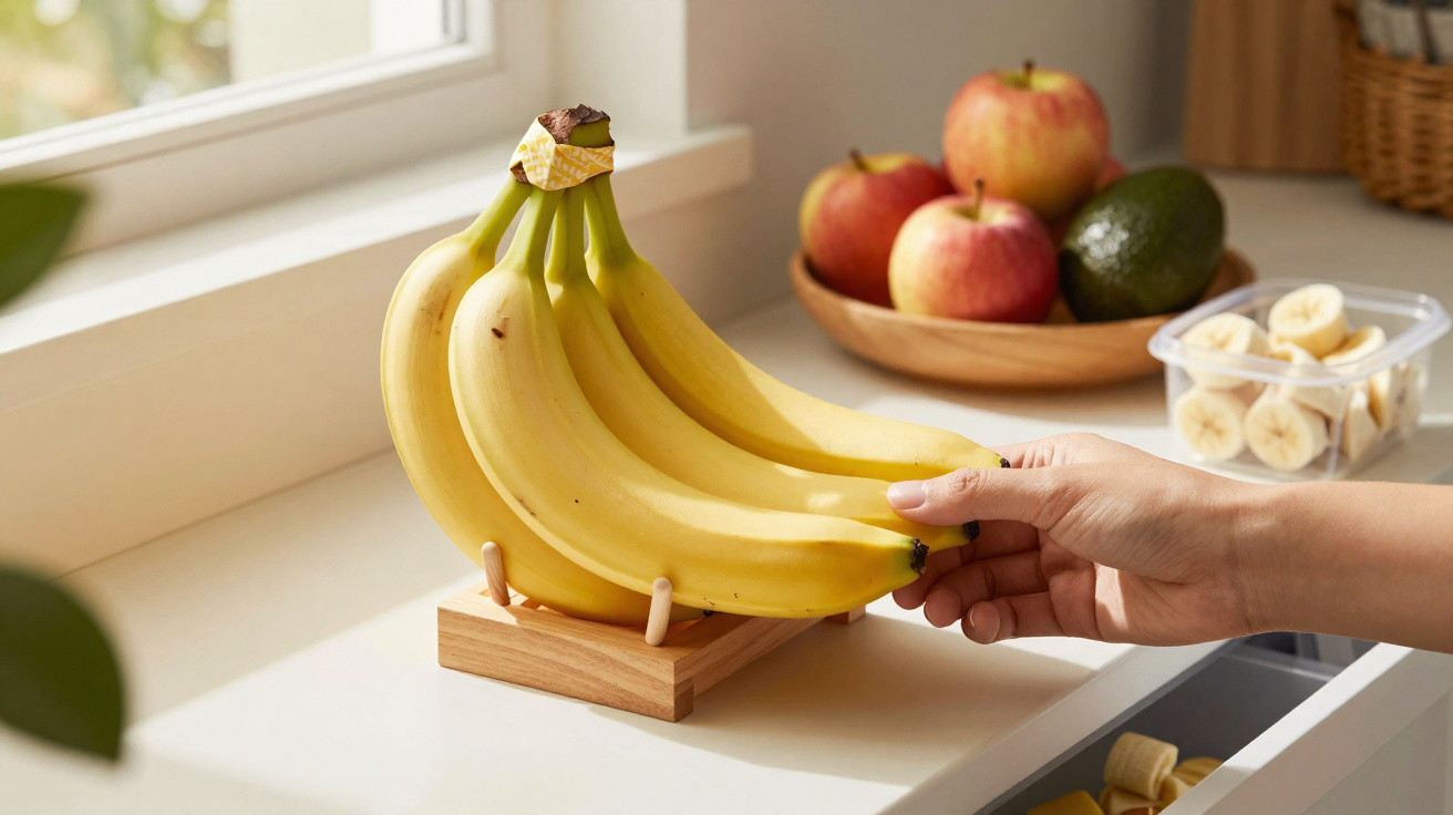 Mão pegando banana em suporte de madeira na bancada com frutas e potes ao fundo.