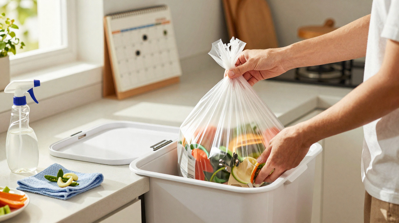 Pessoa colocando saco de lixo com restos de alimentos em cozinha clara moderna.