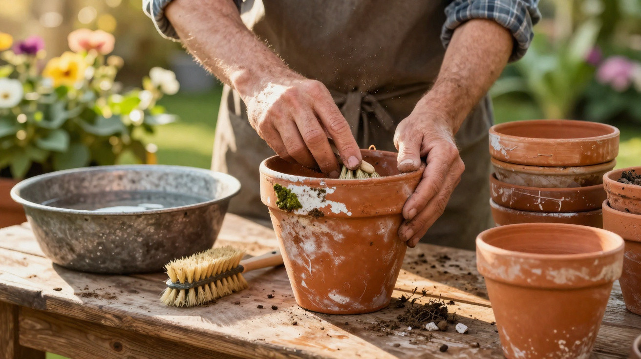Pessoa limpando vaso de barro com escova em mesa de madeira na jardinagem ao ar livre.