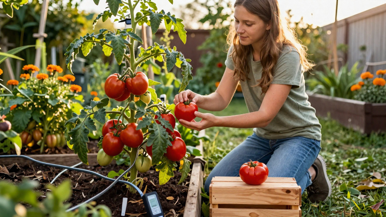 Mulher colhendo tomates maduros em estufa de jardim com plantas e flores ao redor.