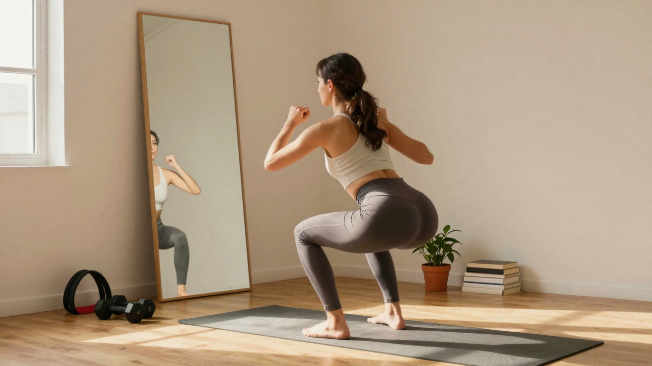 Mulher fazendo agachamento em tapete de yoga diante de espelho em ambiente iluminado e minimalista.