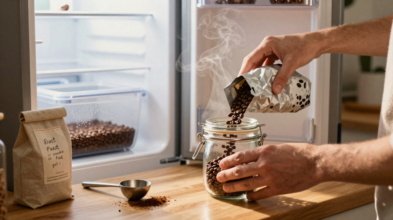 Mãos masculinas enchendo pote de vidro com grãos de café próximos a uma geladeira aberta com mais café dentro.