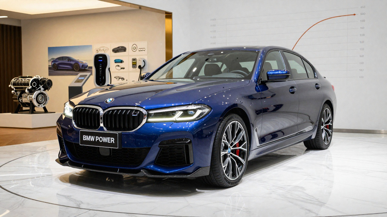 Carro esportivo BMW azul exibido em salão moderno com motor e painel ao fundo.