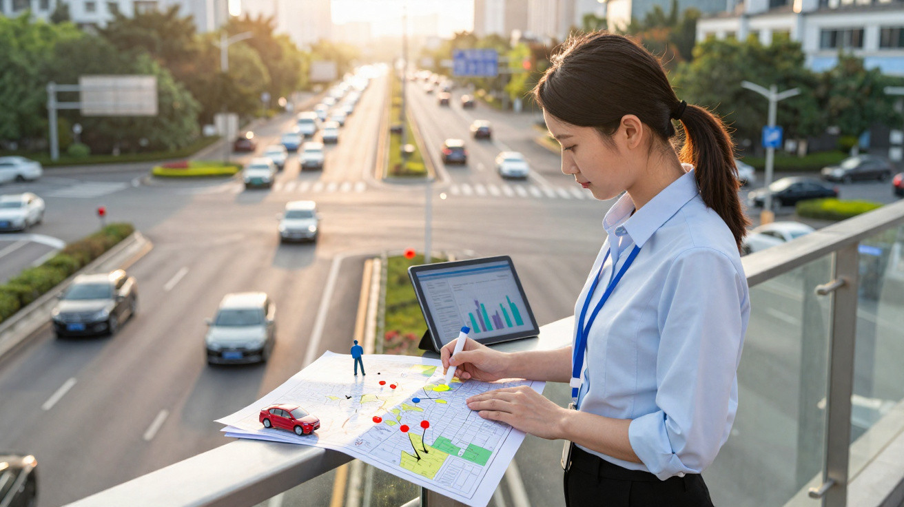 Mulher analisando mapa com marcadores, miniatura de carro e laptop na varanda com vista para avenida movimentada.