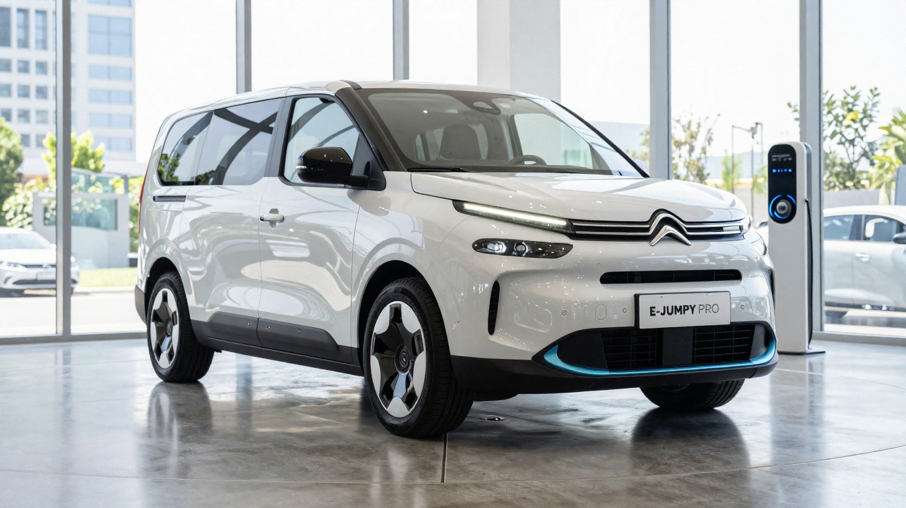 Carro elétrico Citroën E-Jumpy Pro branco estacionado em showroom com carregador ao fundo.