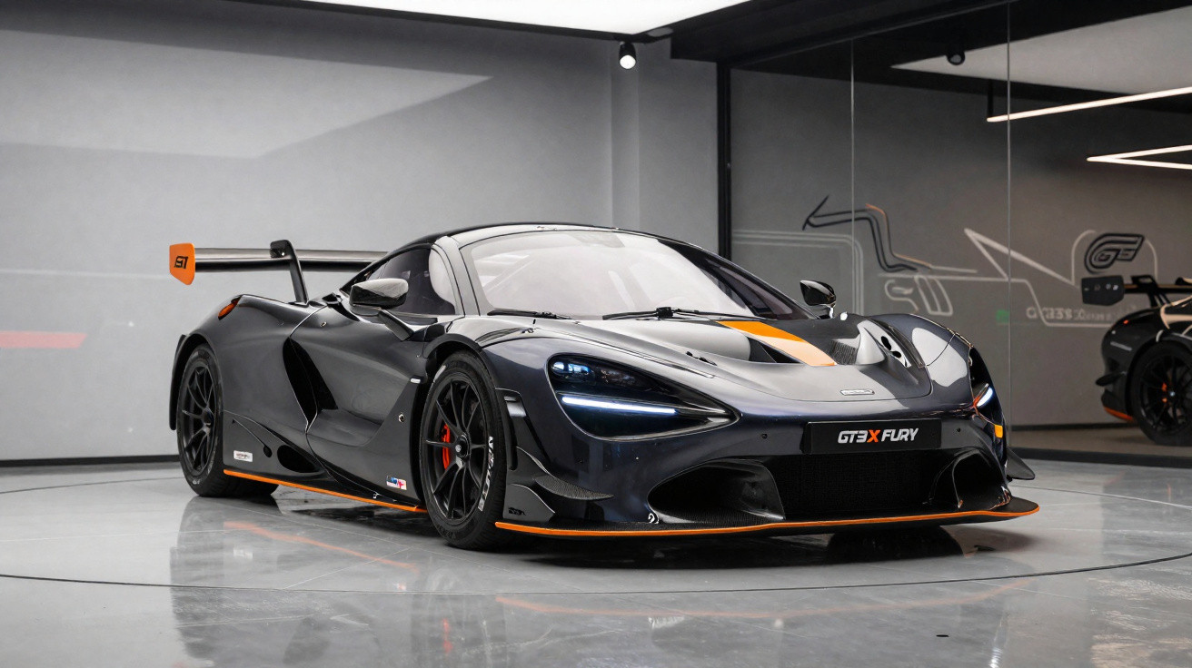 Carro esportivo preto e laranja McLaren GT3X Fury em exposição em ambiente moderno e refletivo.