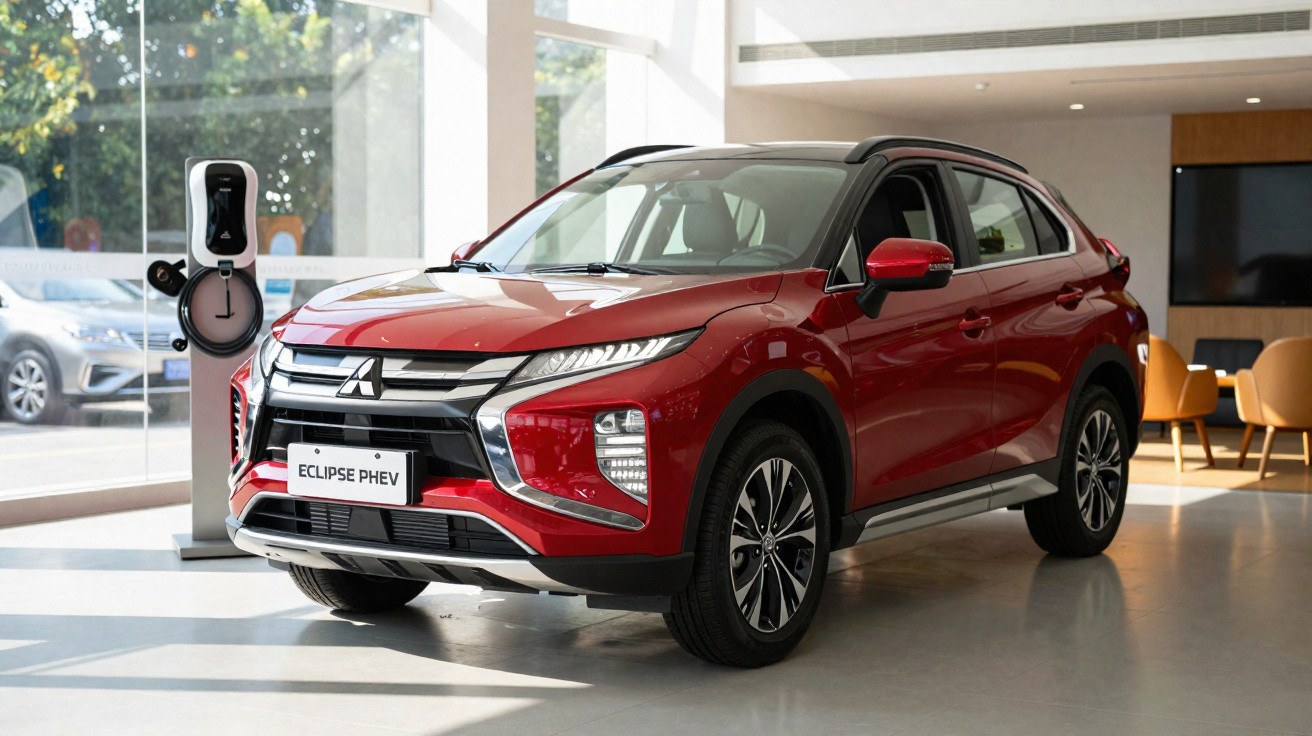Carro SUV vermelho Mitsubishi Eclipse PHEV exposto em showroom com carregador elétrico ao lado.