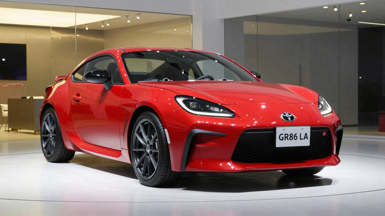 Carro esportivo Toyota GR86 vermelho exibido em showroom com iluminação interna moderna.
