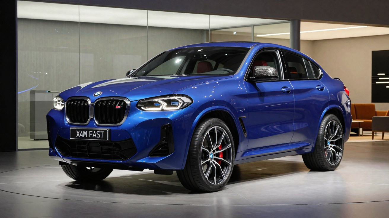 Carro azul BMW X4M Fast exibido em ambiente interno moderno, com rodas esportivas e detalhes preto e vermelho.