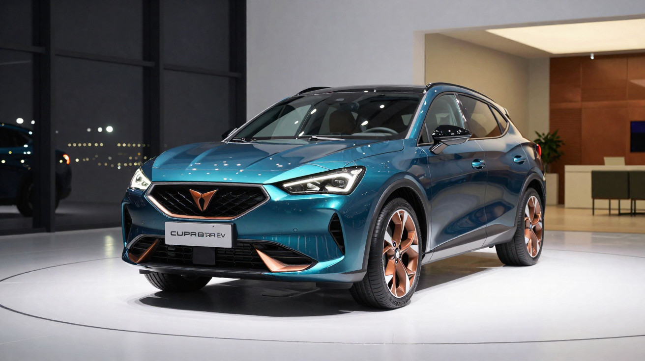 SUV elétrico Cupra Born azul em exposição iluminada em ambiente interno moderno.