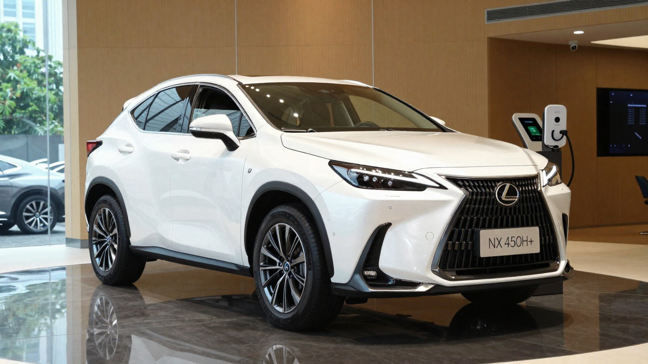 Carro branco Lexus NX 450h+ elétrico híbrido plug-in em showroom moderno.
