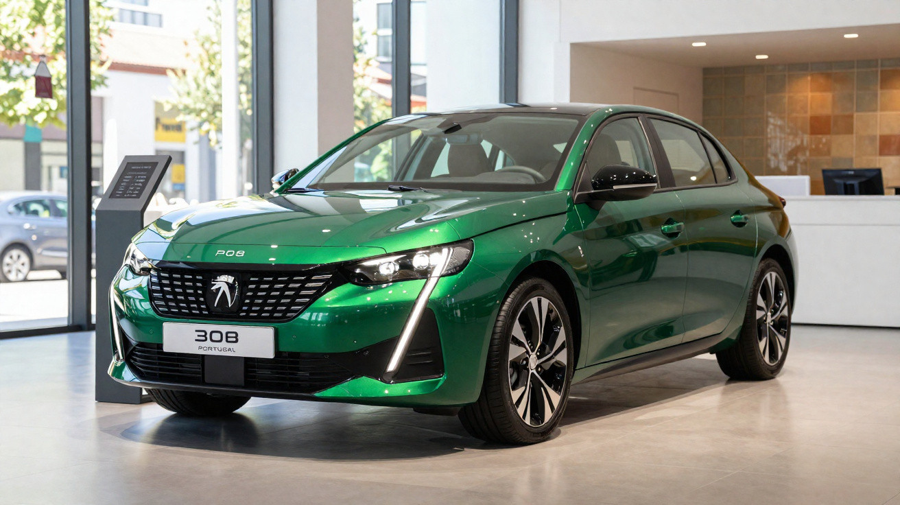 Carro sedan verde Peugeot 308 em exibição dentro de showroom moderno e iluminado.