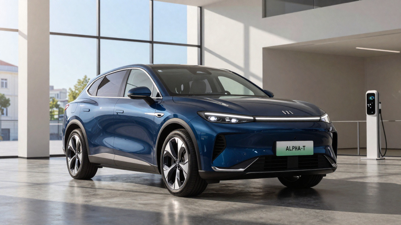 Carro elétrico SUV azul estacionado em ambiente interno com carregador ao fundo e luz natural entrando pelas janelas.