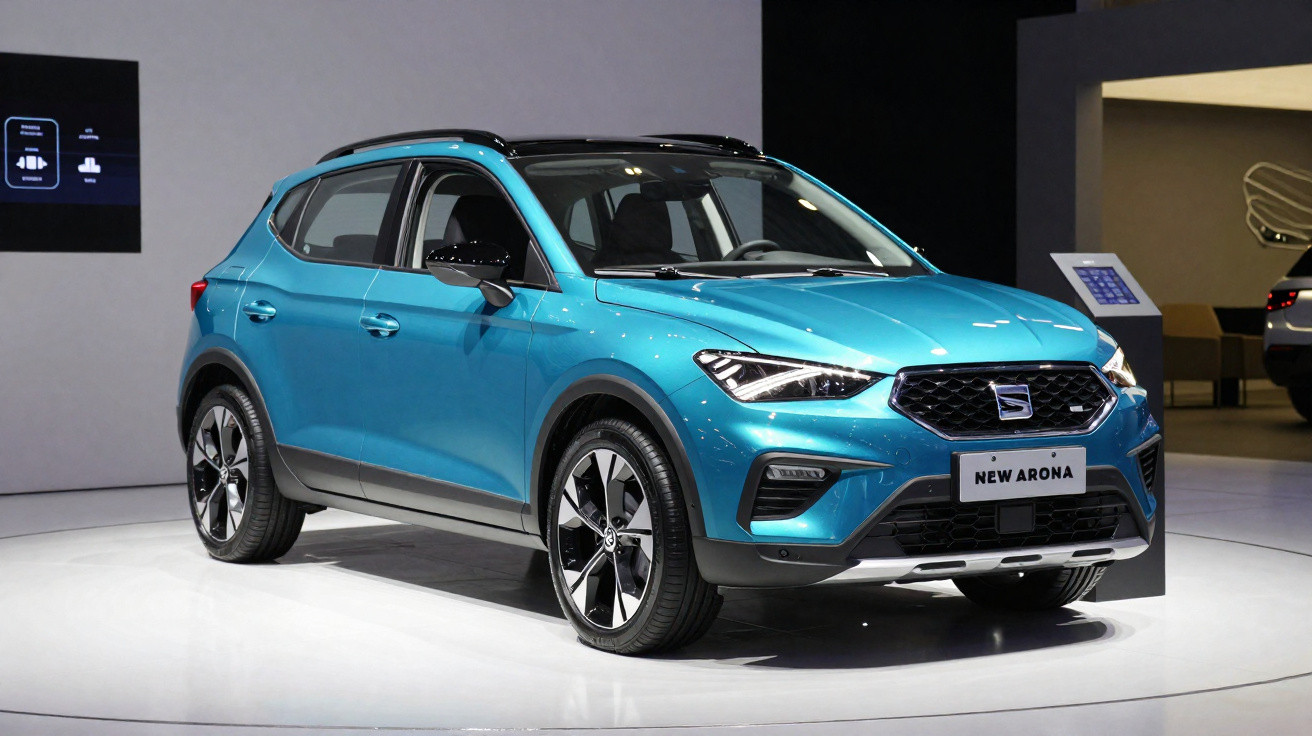 SUV compacto azul exposto em showroom, modelo Seat New Arona com design moderno e rodas grandes.