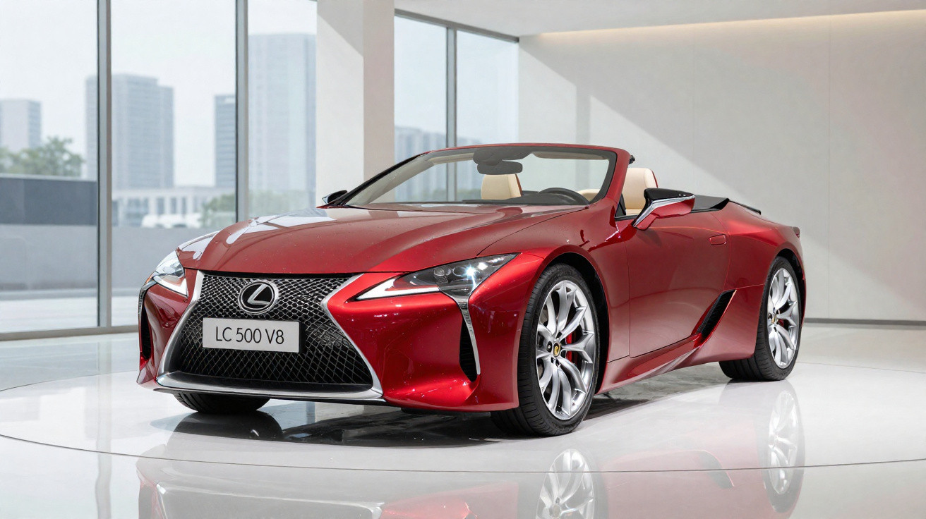 Carro conversível esportivo Lexus LC 500 V8 vermelho em ambiente interno moderno e iluminado.