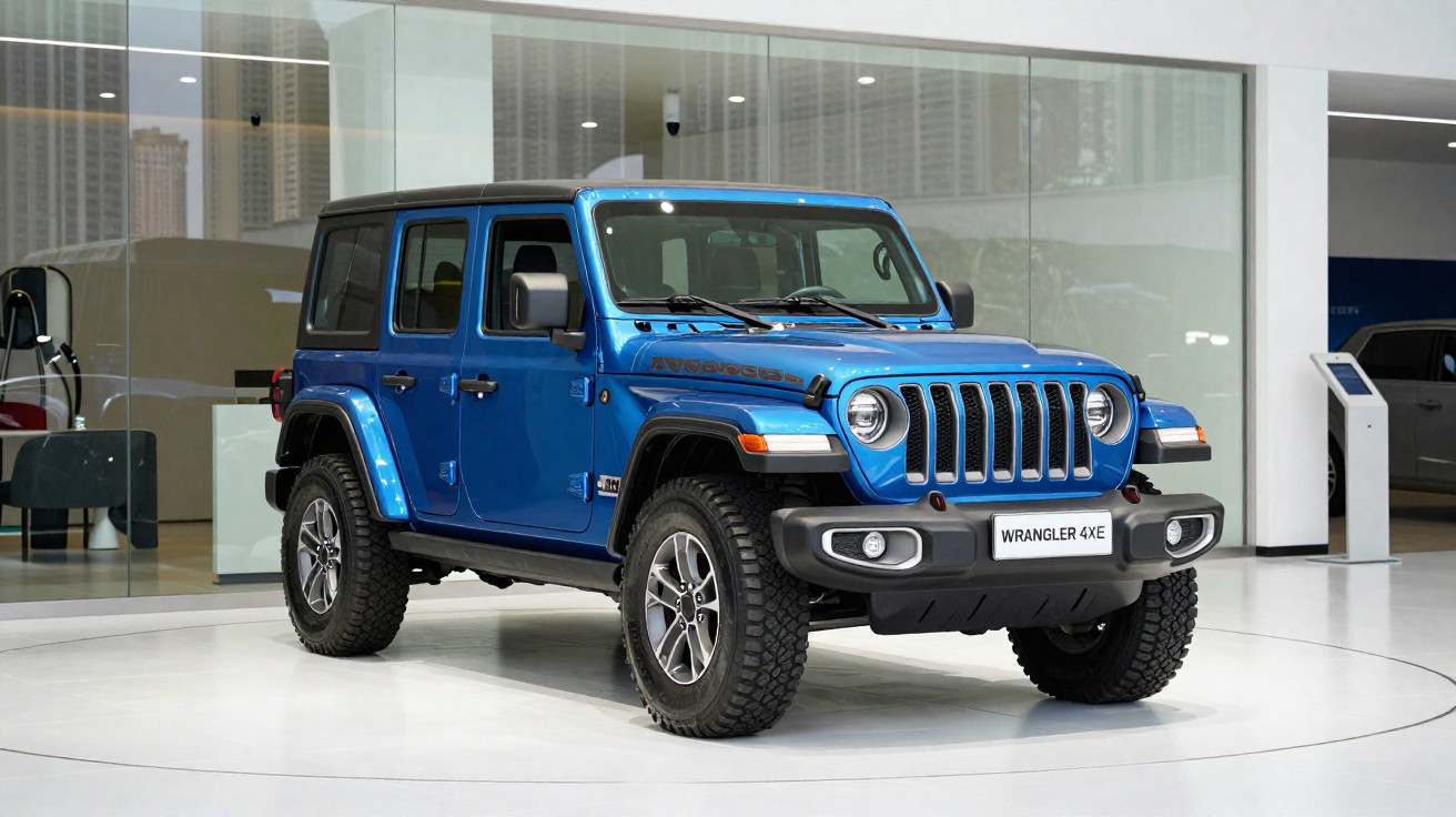 Carro azul Jeep Wrangler 4xe exibido em salão moderno com piso branco e paredes de vidro.