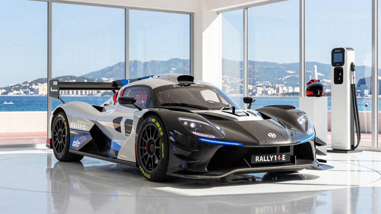 Carro de corrida elétrico preto e branco em showroom com vista para o mar e estação de recarga.