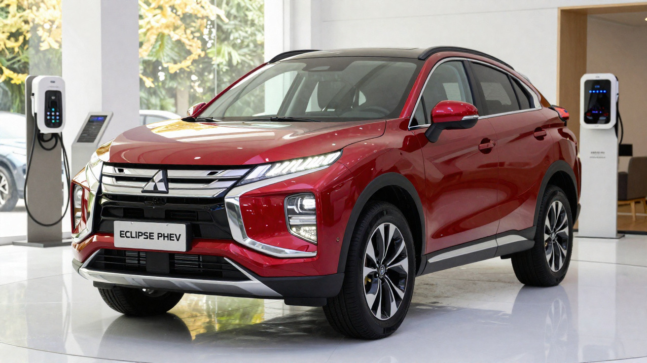 SUV vermelho Mitsubishi Eclipse PHEV em showroom com estações de carregamento elétrico ao fundo.