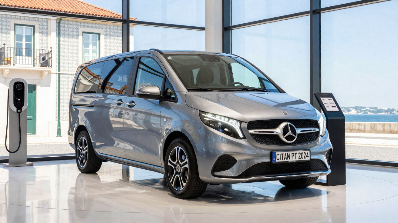 Van elétrica Mercedes-Benz prata exposta em showroom moderno com carregador ao lado.