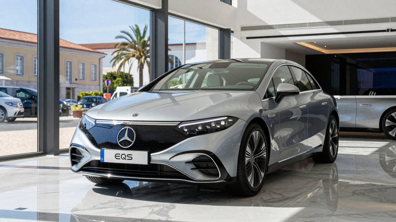 Carro elétrico Mercedes-Benz EQS prata exibido em showroom moderno com piso de mármore.
