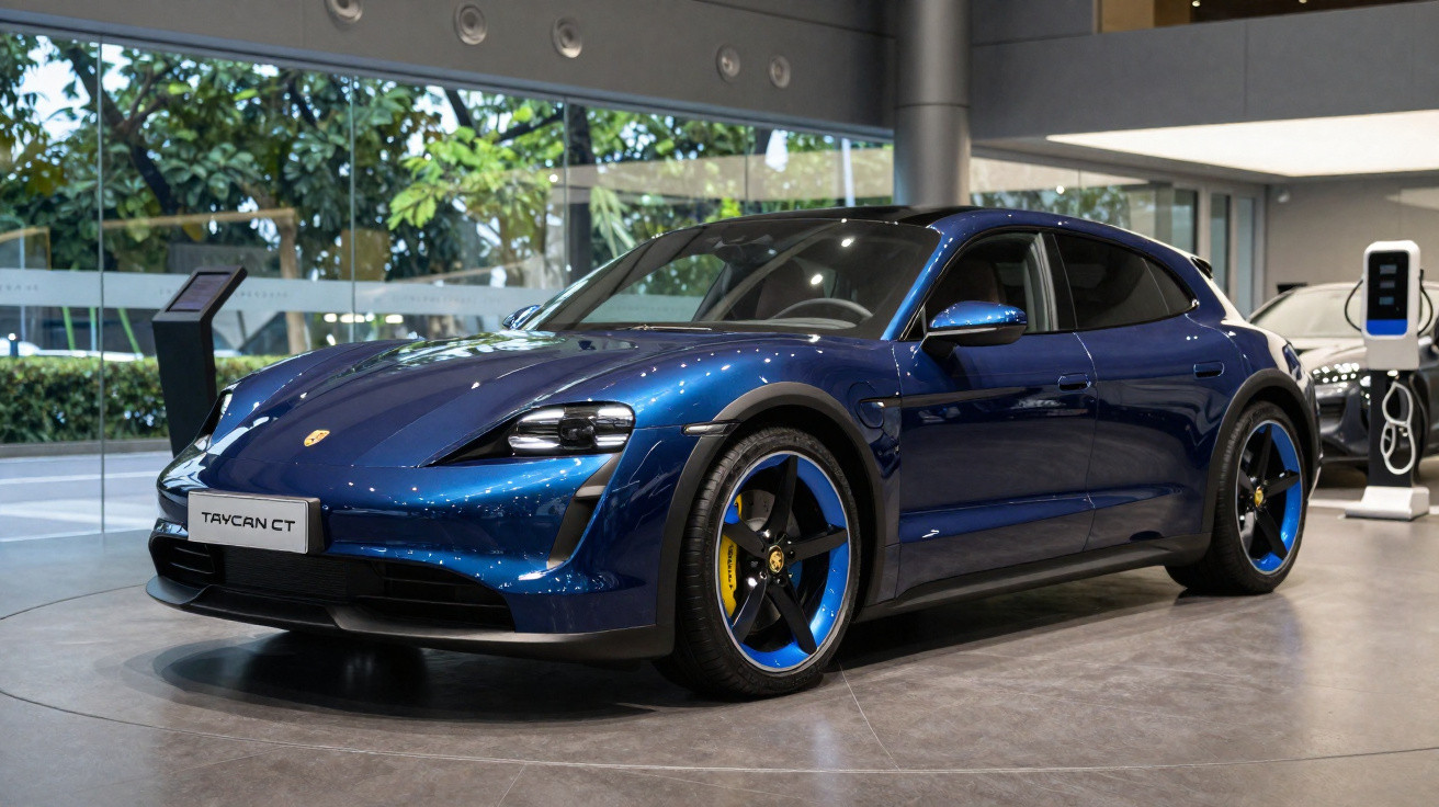 Carro esportivo elétrico azul Porsche Taycan CT exposto em showroom moderno com carregador ao fundo.