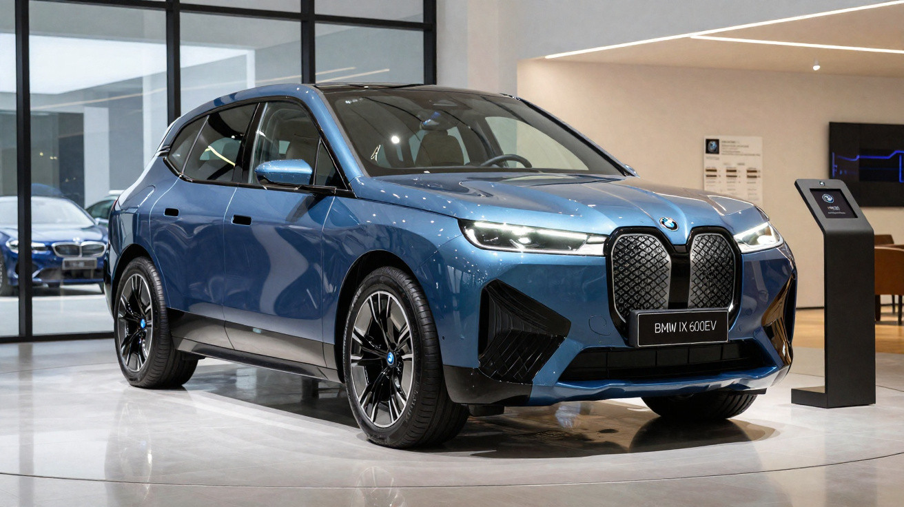 SUV elétrico BMW iX 600EV azul exposição em showroom moderno.