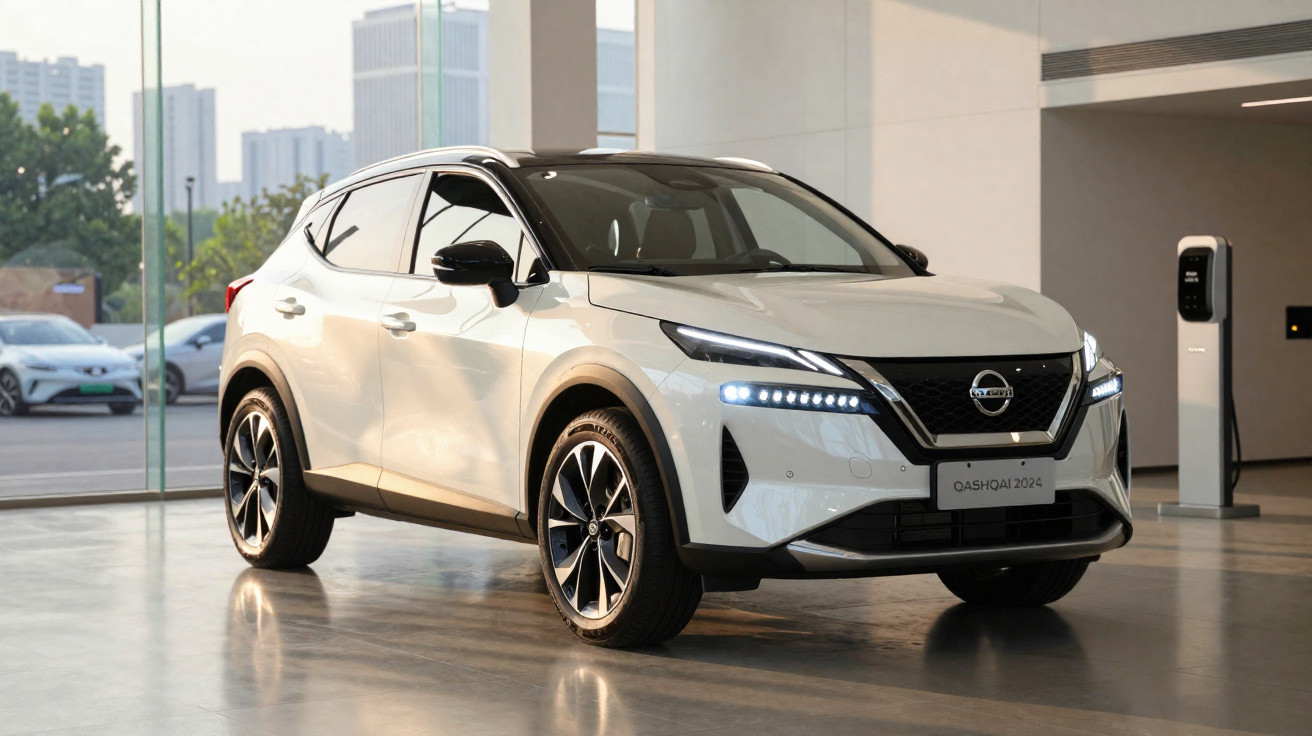 Carro branco Nissan Qashqai 2024 em exposição interna, com faróis acesos e teto preto.