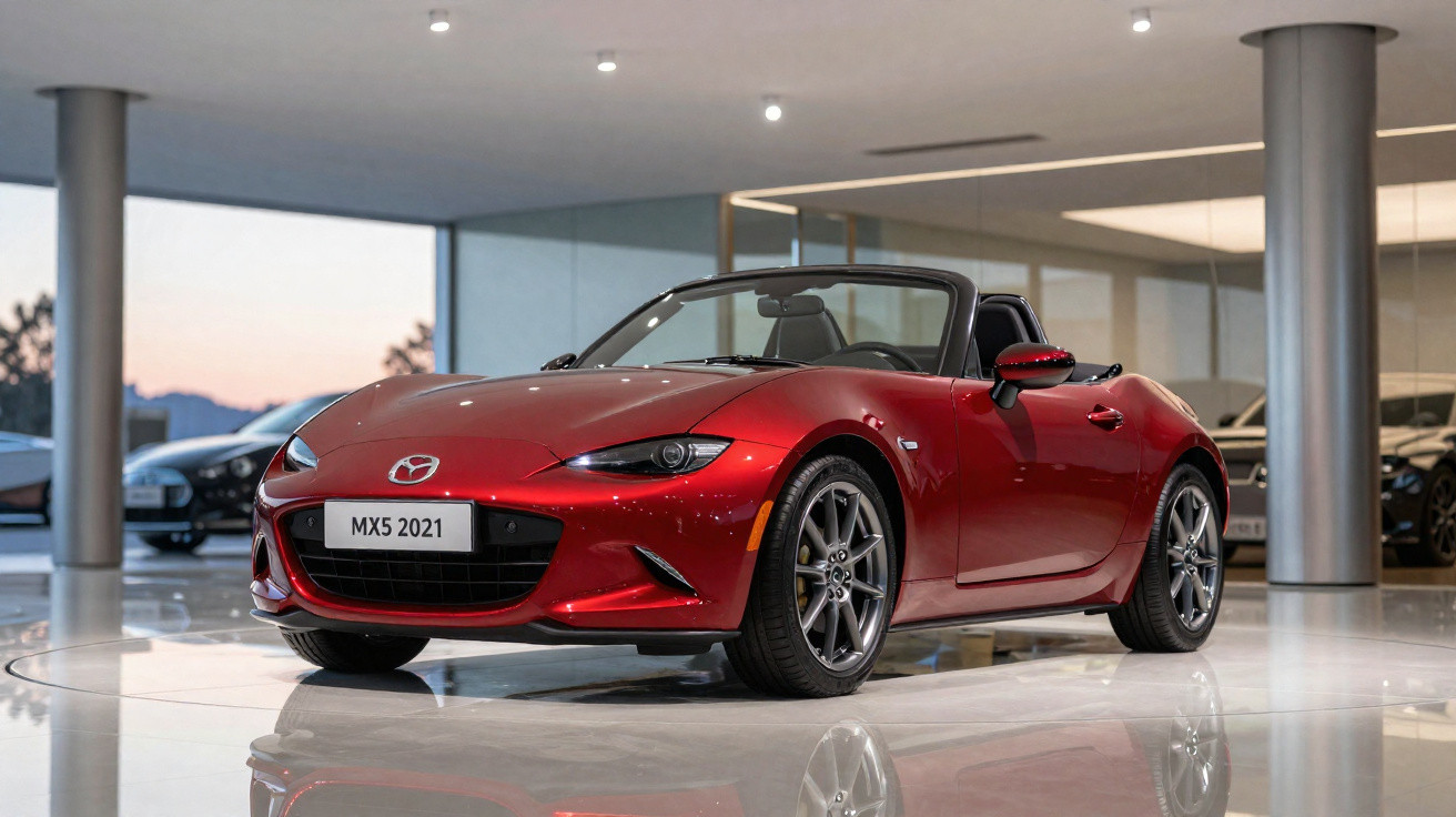 Carro conversível esportivo Mazda MX5 2021 vermelho em showroom moderno com iluminação suave.