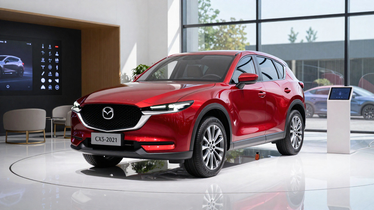 Carro Mazda CX-5 2021 vermelho exposto em showroom moderno com grandes janelas de vidro.