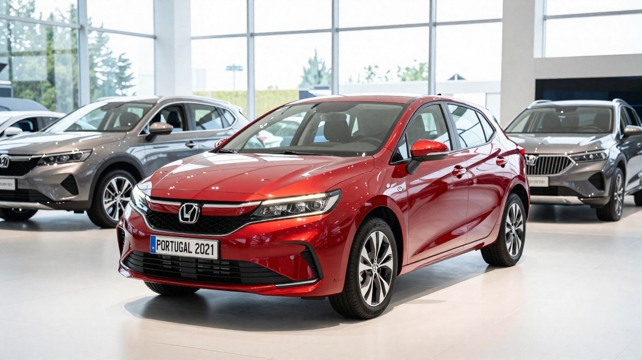 Carro hatchback vermelho Honda exibido em showroom com outros veículos ao fundo.