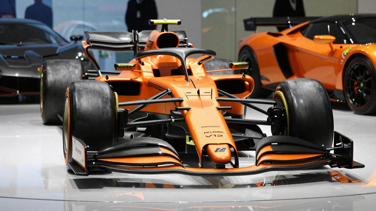 Carro de Fórmula 1 laranja McLaren V12 em exposição, com carros esportivos ao fundo.