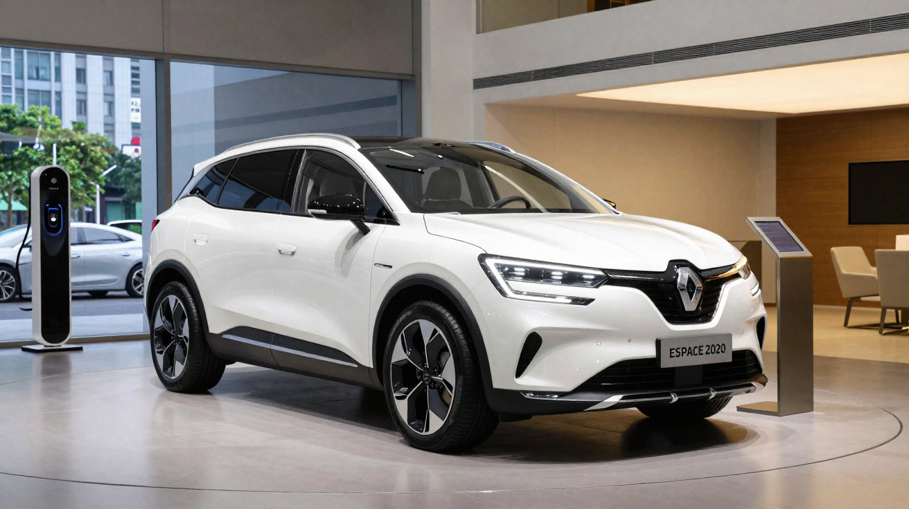 Carro elétrico Renault Espace 2020 branco em exibição dentro de showroom moderno.