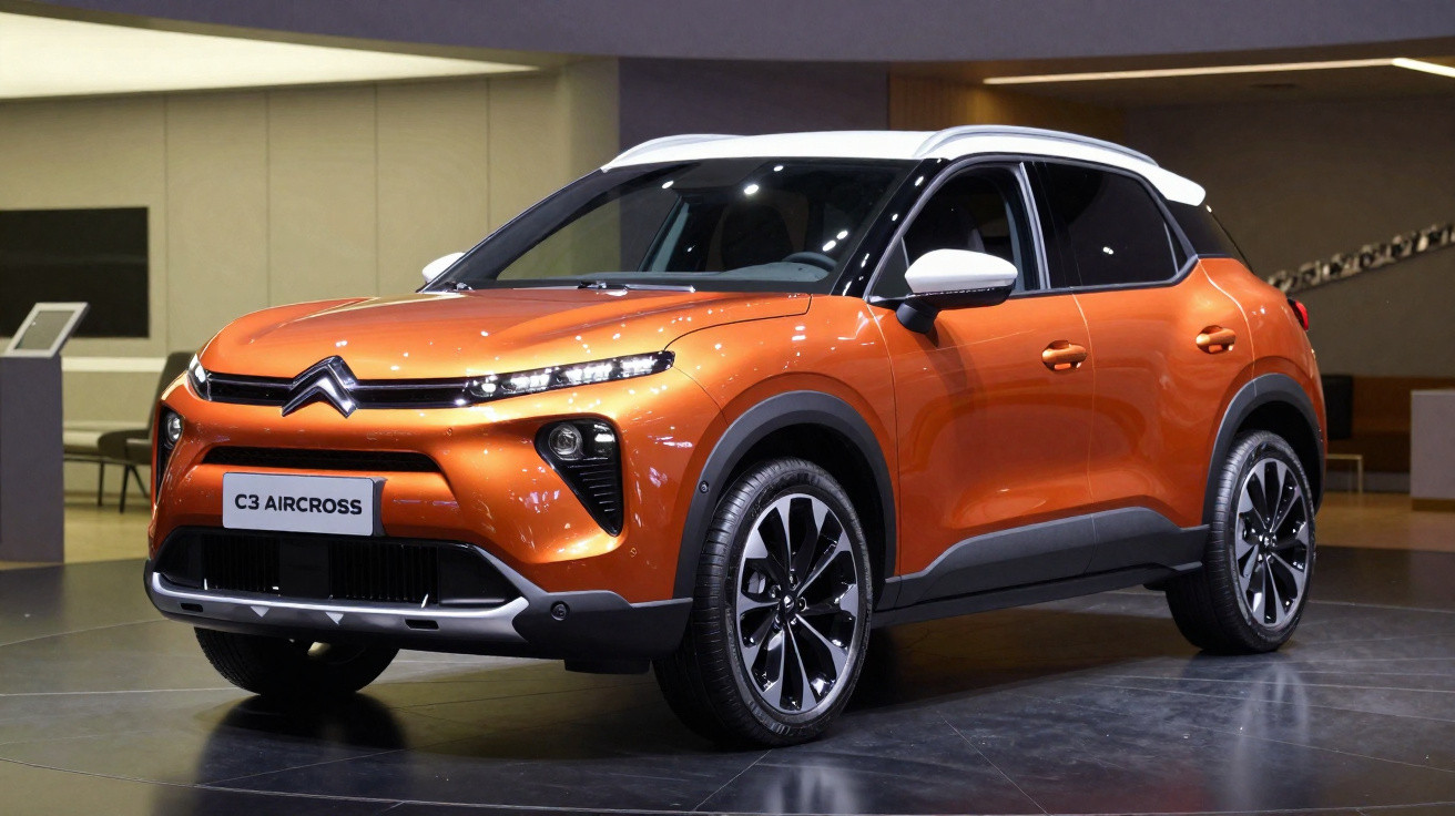 SUV Citroën C3 Aircross laranja em exposição em ambiente interno moderno.