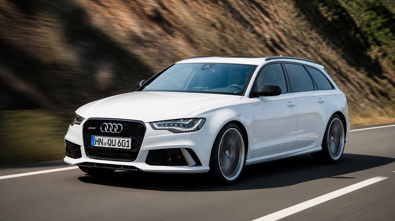 Carro Audi branco em movimento em estrada com fundo de vegetação e morro ao lado.