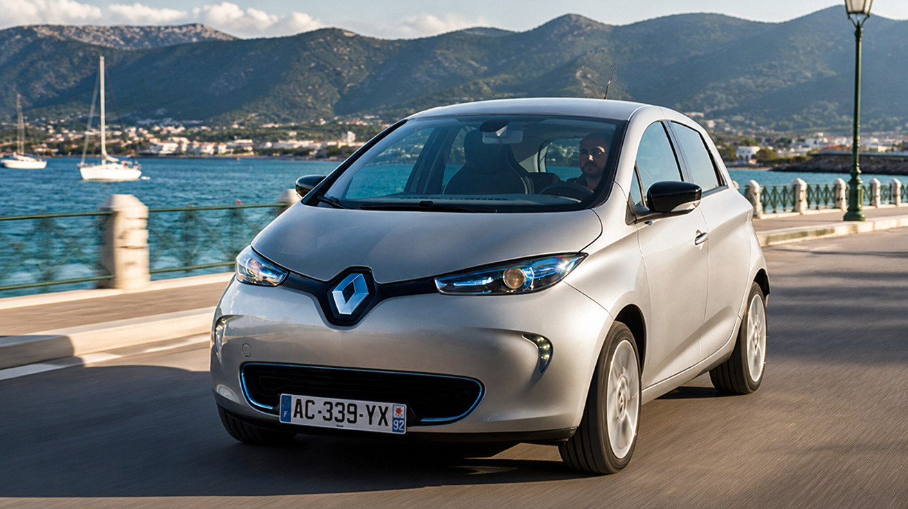 Carro Renault Cinza dirigido à beira-mar com montanhas e barcos ao fundo em dia ensolarado