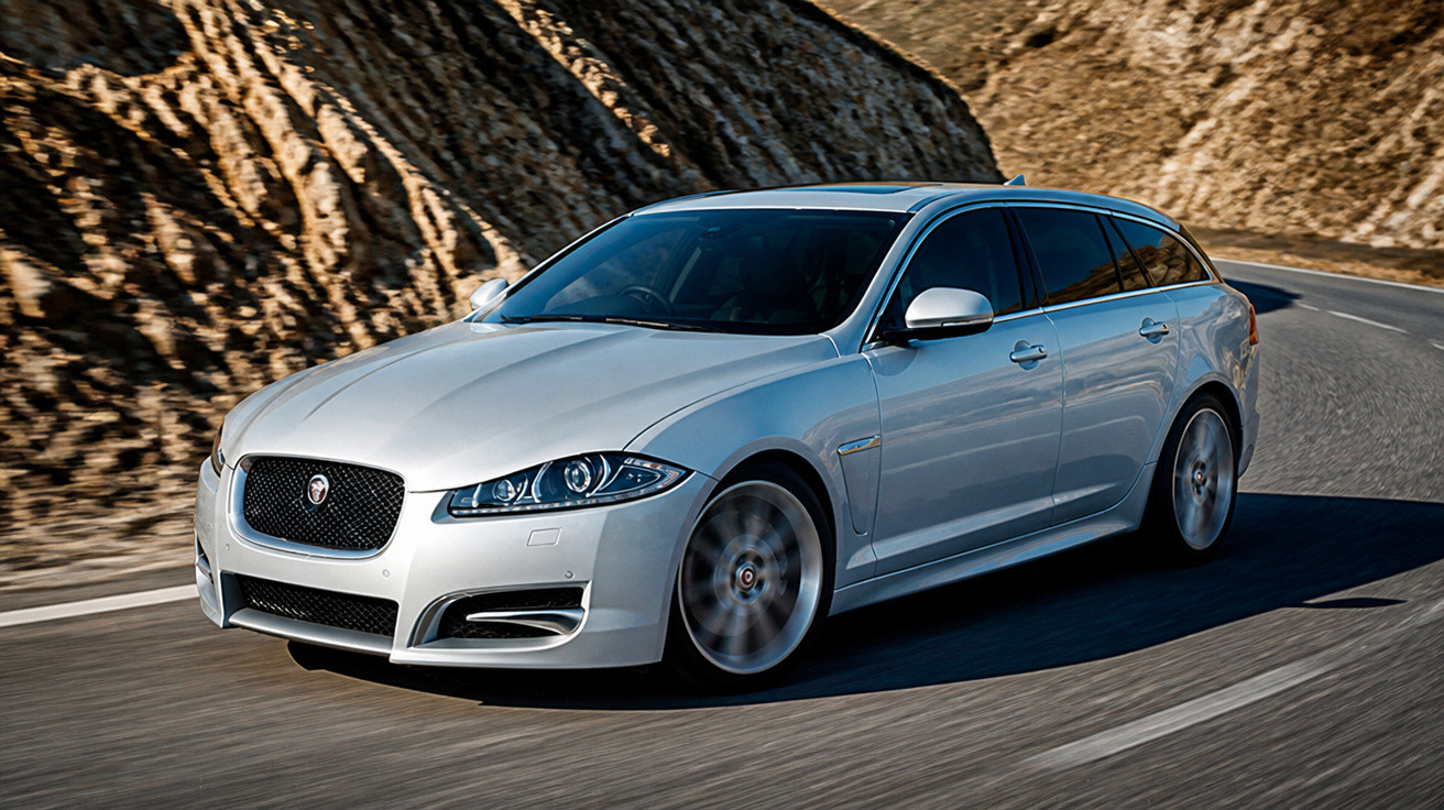 Carro prata esportivo Jaguar XF Sportbrake em alta velocidade em estrada sinuosa com montanhas ao fundo.