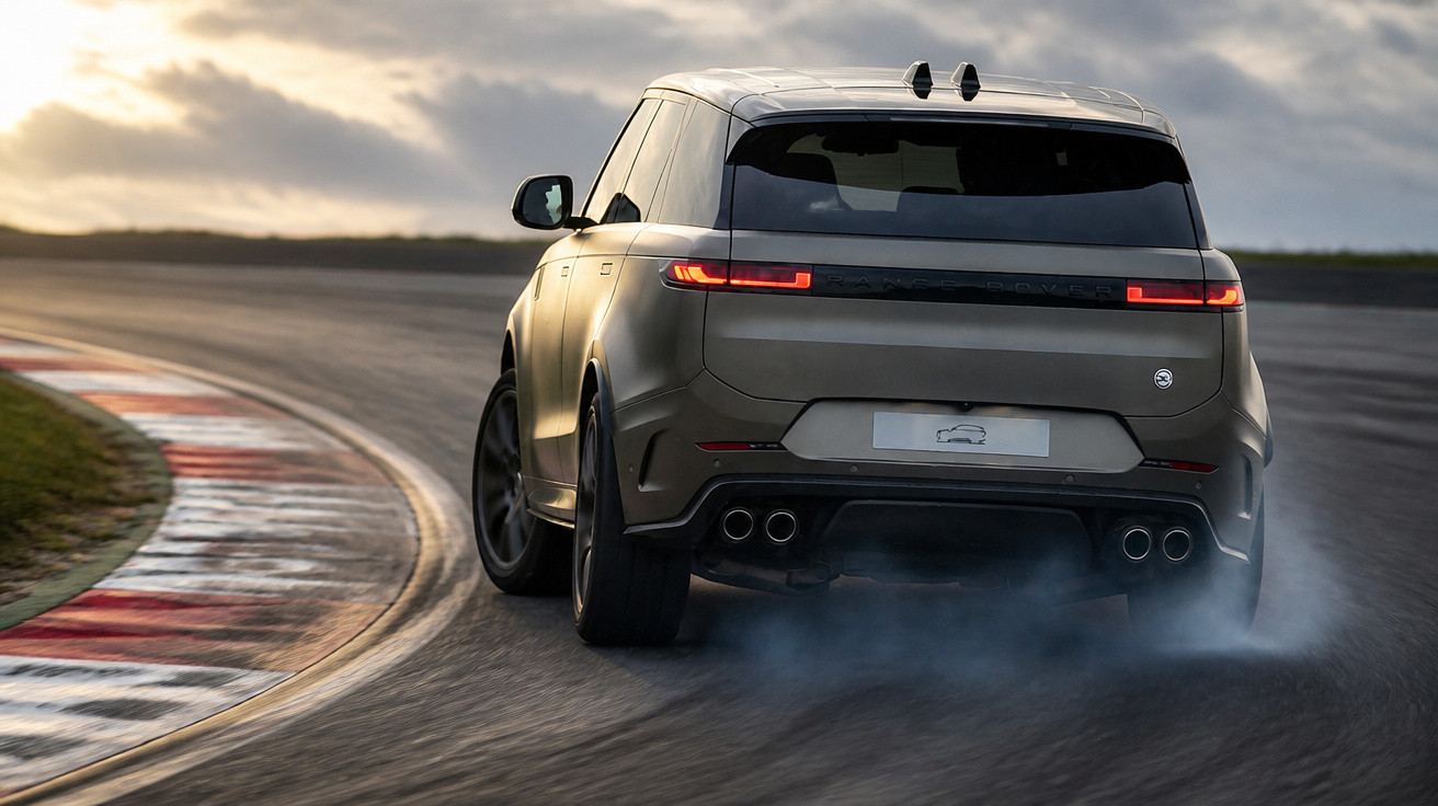Carro SUV cinza acelerando em curva de pista de corrida ao entardecer, soltando fumaça dos pneus.