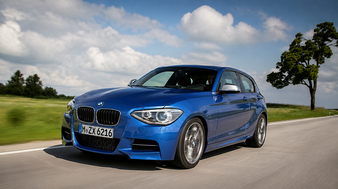Carro azul modelo BMW 1 Series circulando em estrada com céu azul e árvore ao fundo.