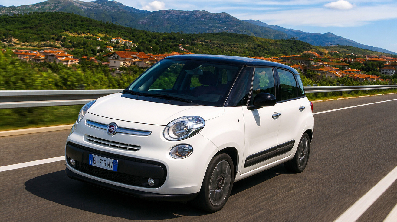 Carro branco Fiat 500L em movimento na estrada com montanhas e casas ao fundo.