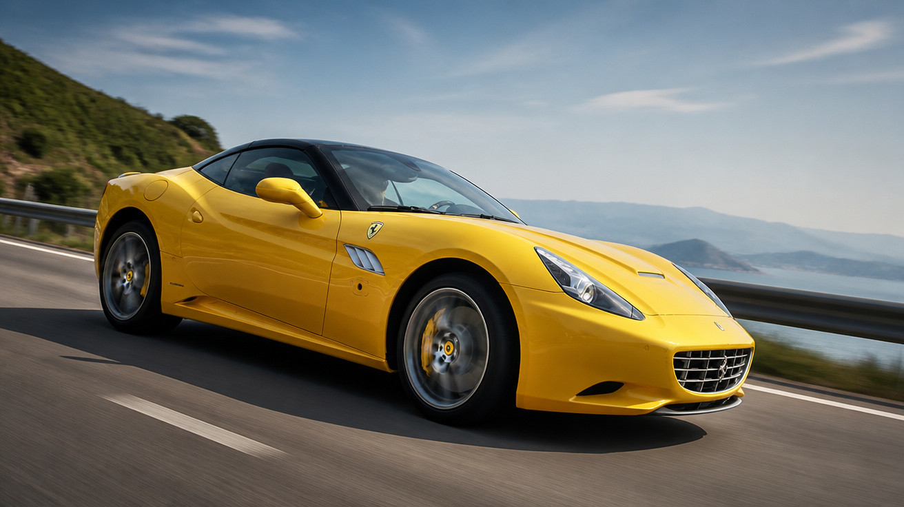 Carro esportivo amarelo Ferrari em alta velocidade em estrada com paisagem montanhosa ao fundo.