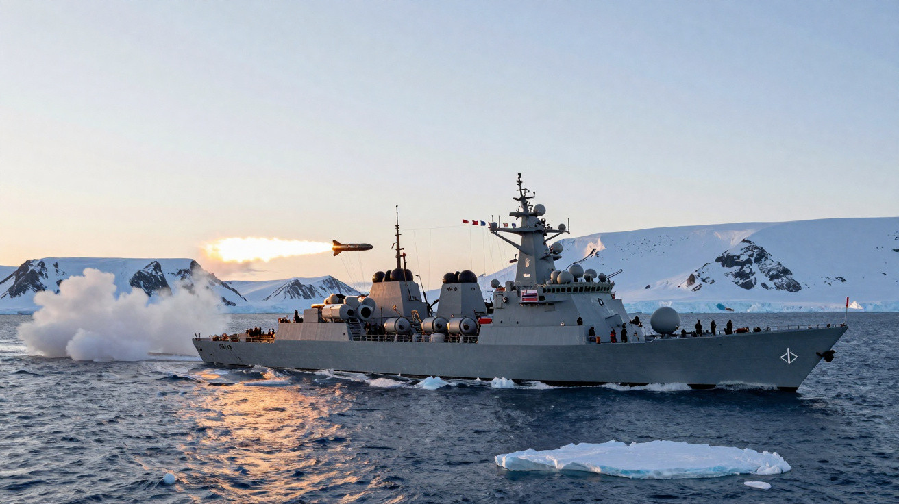 Navio de guerra lança míssil em mar gelado com icebergues e montanhas ao fundo.