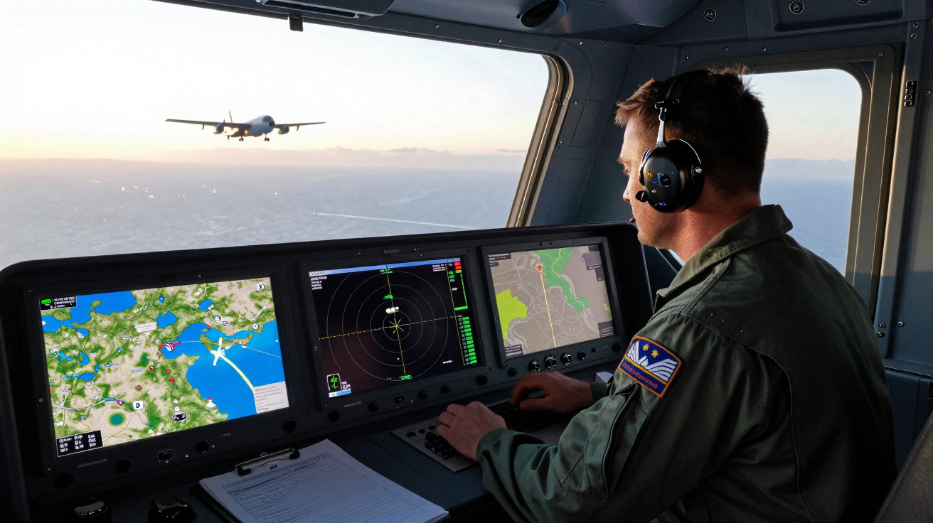 Piloto militar usando fone de ouvido monitora radar e mapa em três telas dentro da cabine com avião ao fundo.