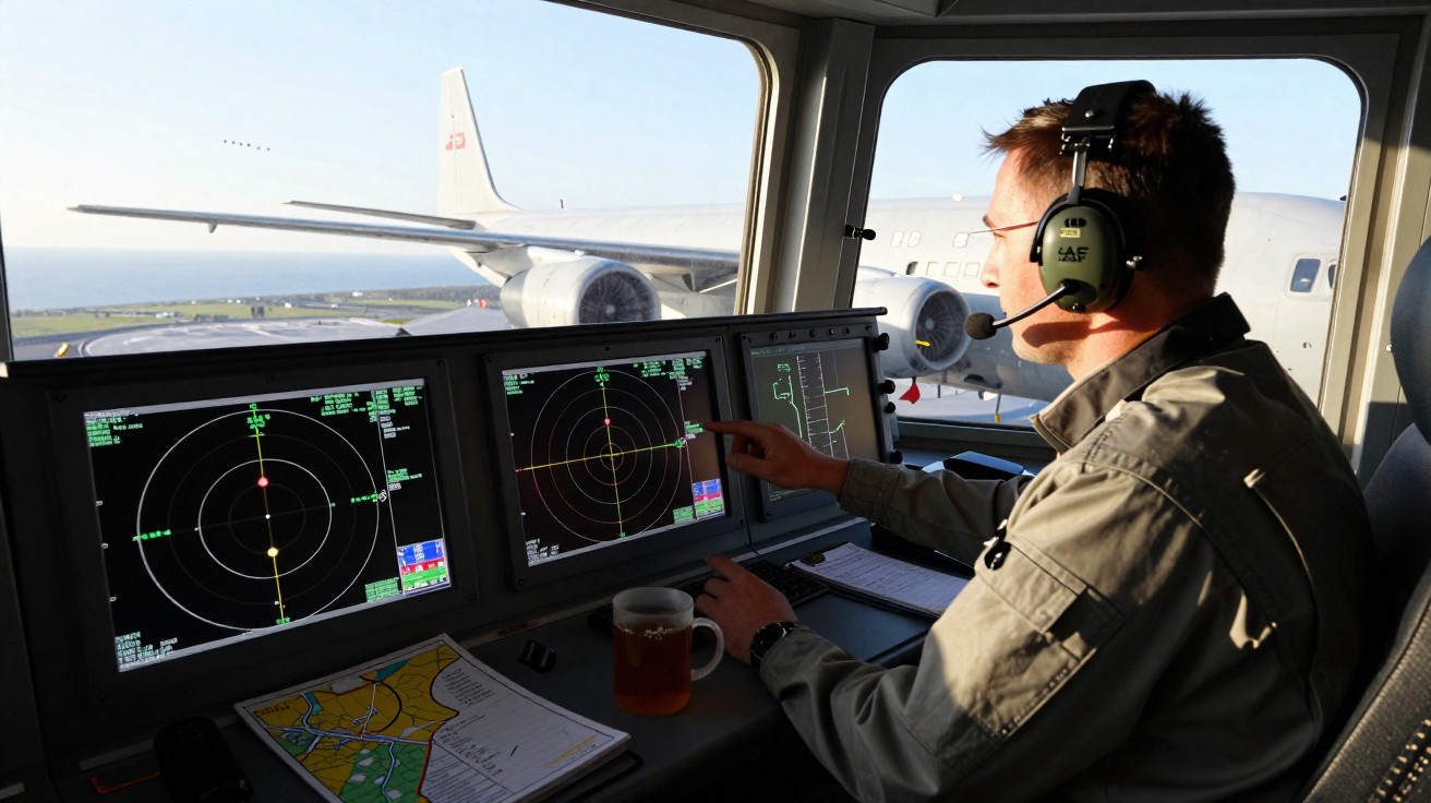 Técnico operando equipamentos de radar em torre de controle com avião ao fundo em aeroporto.