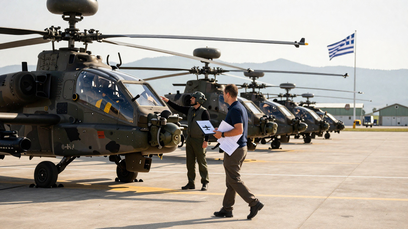 Quatro helicópteros militares estacionados no pátio com dois homens em frente, uma bandeira da Grécia ao fundo.